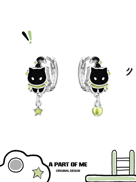 Apple Cat 18K Platinum Plating Black Cat & Green Apple Huggie Earrings