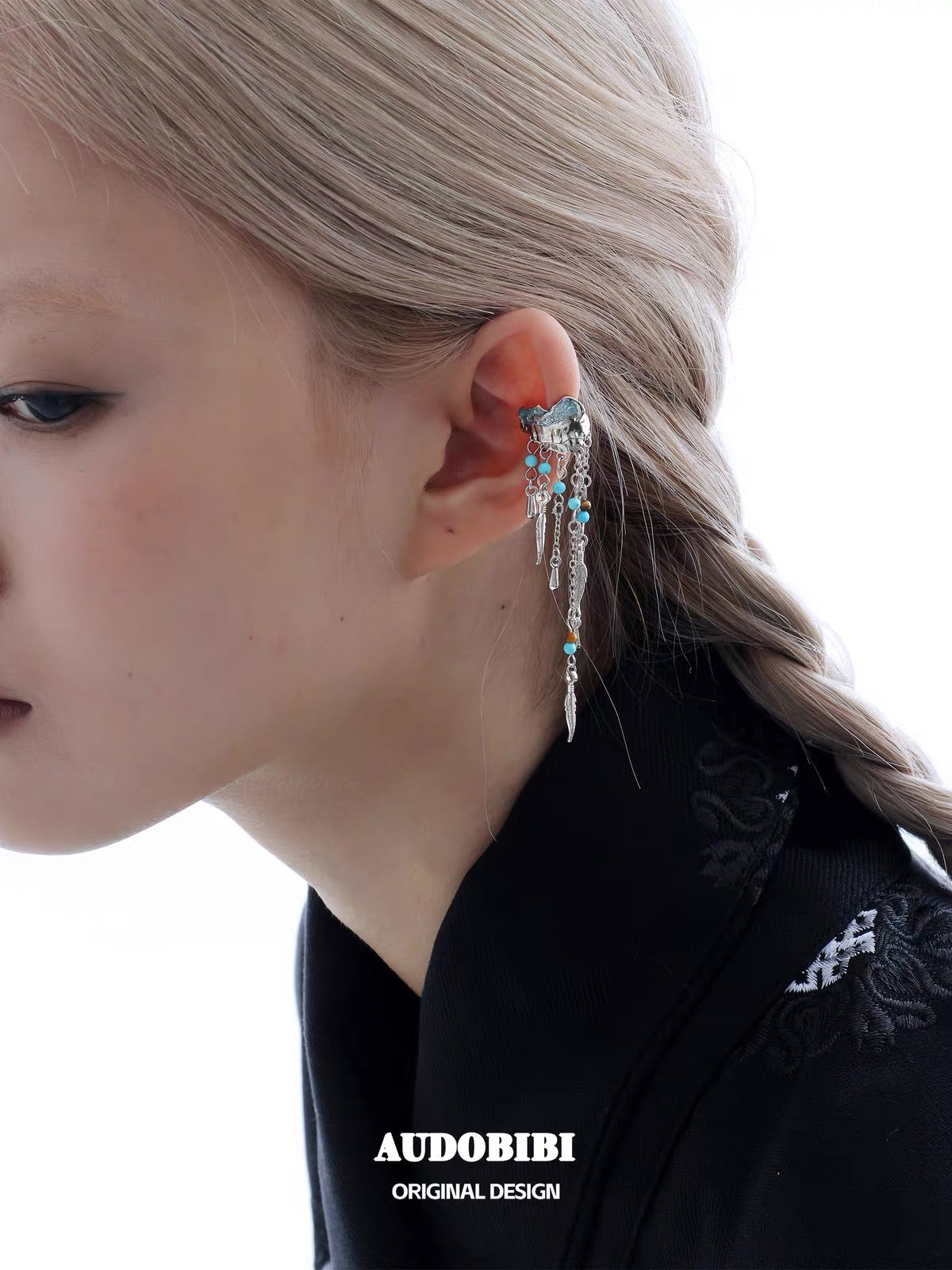 Plume Collection 18K Platinum Plating Tibet Mountain Turquoise & Tiger Eyes Tassel Earcuffs