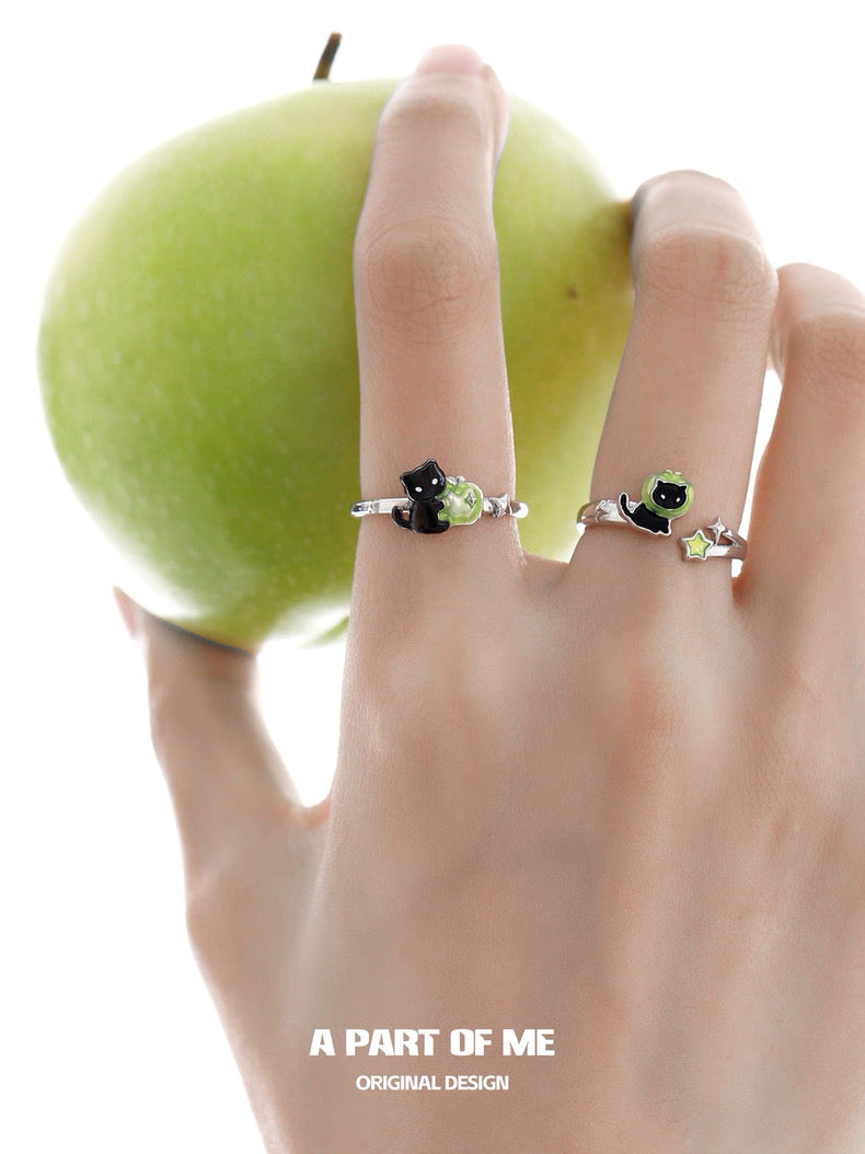 Apple Cat S925 Sterling Silver Black Cat & Green Apple Adjustable Rings