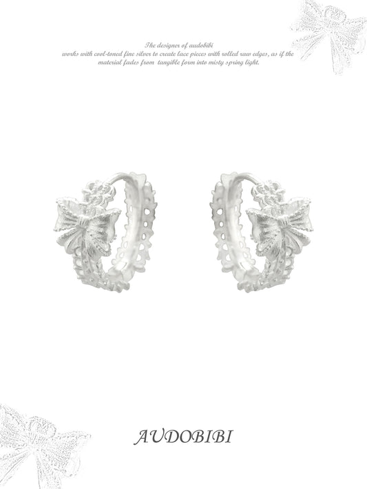 Dreaming in Lace 18K Platinum Plating Bow Huggie Earrings