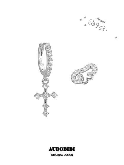Judgement Angel S925 Sterling Silver Angel Wings & Cross Earring Set