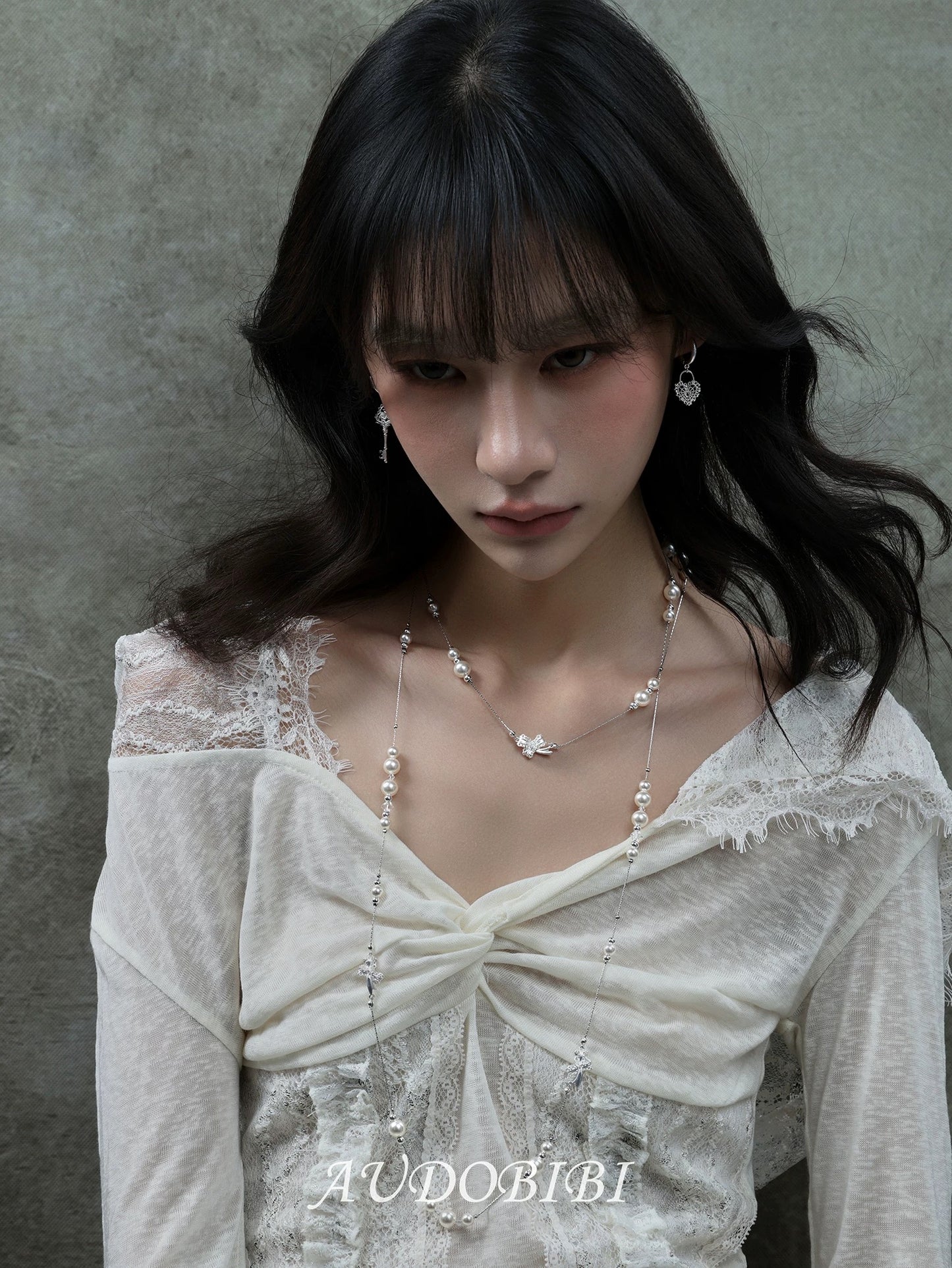 Dreaming in Lace 18K Platinum Platinum Heart Lock & Key Huggie Earrings