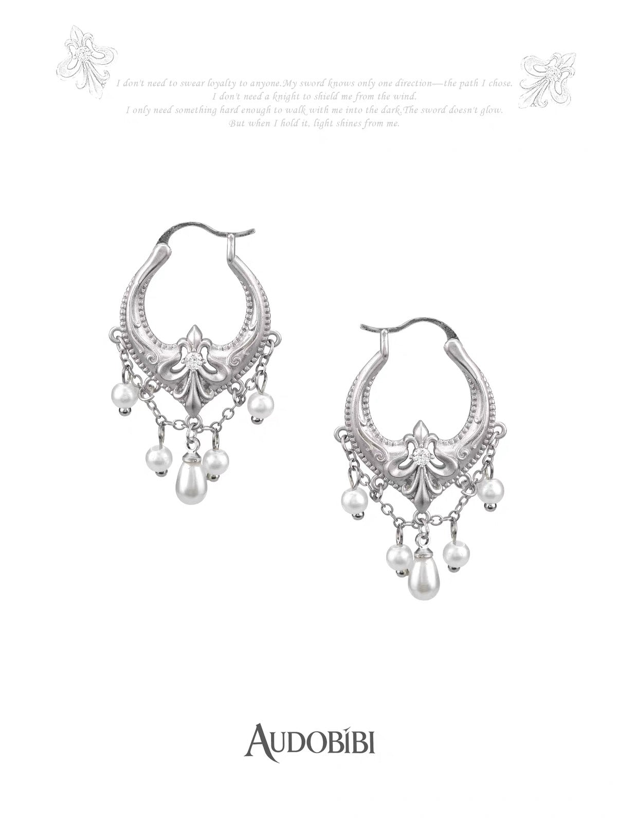 The Knight 18K Platinum Plating Fleur de lis Pearl & Tassel Hoop Earrings