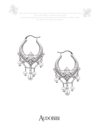 The Knight 18K Platinum Plating Fleur de lis Pearl & Tassel Hoop Earrings