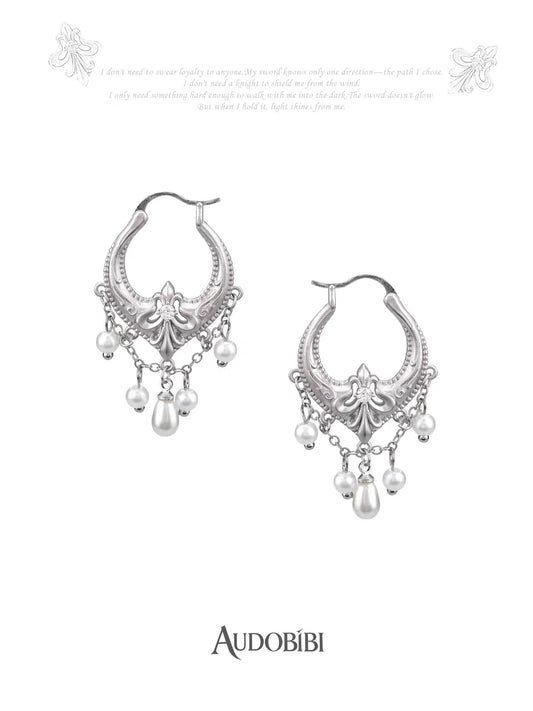 The Knight 18K Platinum Plating Fleur de lis Pearl & Tassel Hoop Earrings