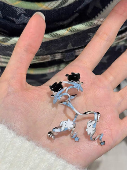 Skating in the Snow 18K Platinum Plating Black Cat & White Dog Detachable Earrings & Cuffs