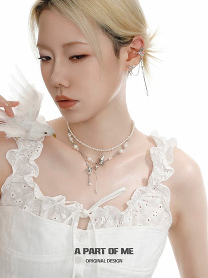Celestial Plumage 18K Platinum Plating Pearl Double Layered Necklace