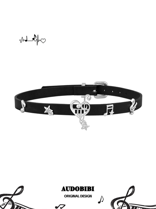 Melody Etude 18K Platinum Plating Charms Faux Leather Choker