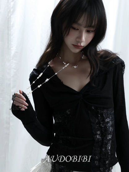Dreaming in Lace 18K Platinum Plating Pearl & Ribbon Stacked Necklace