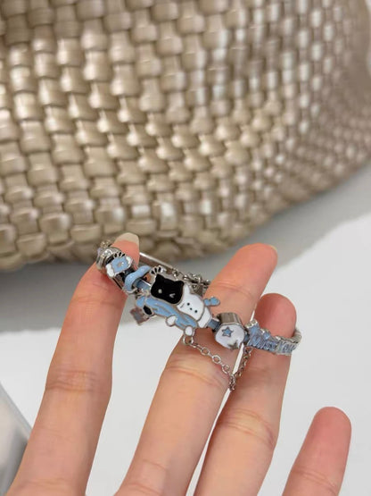 Snowy Black Cat & White Dog 18K Platinum Plating Bracelet
