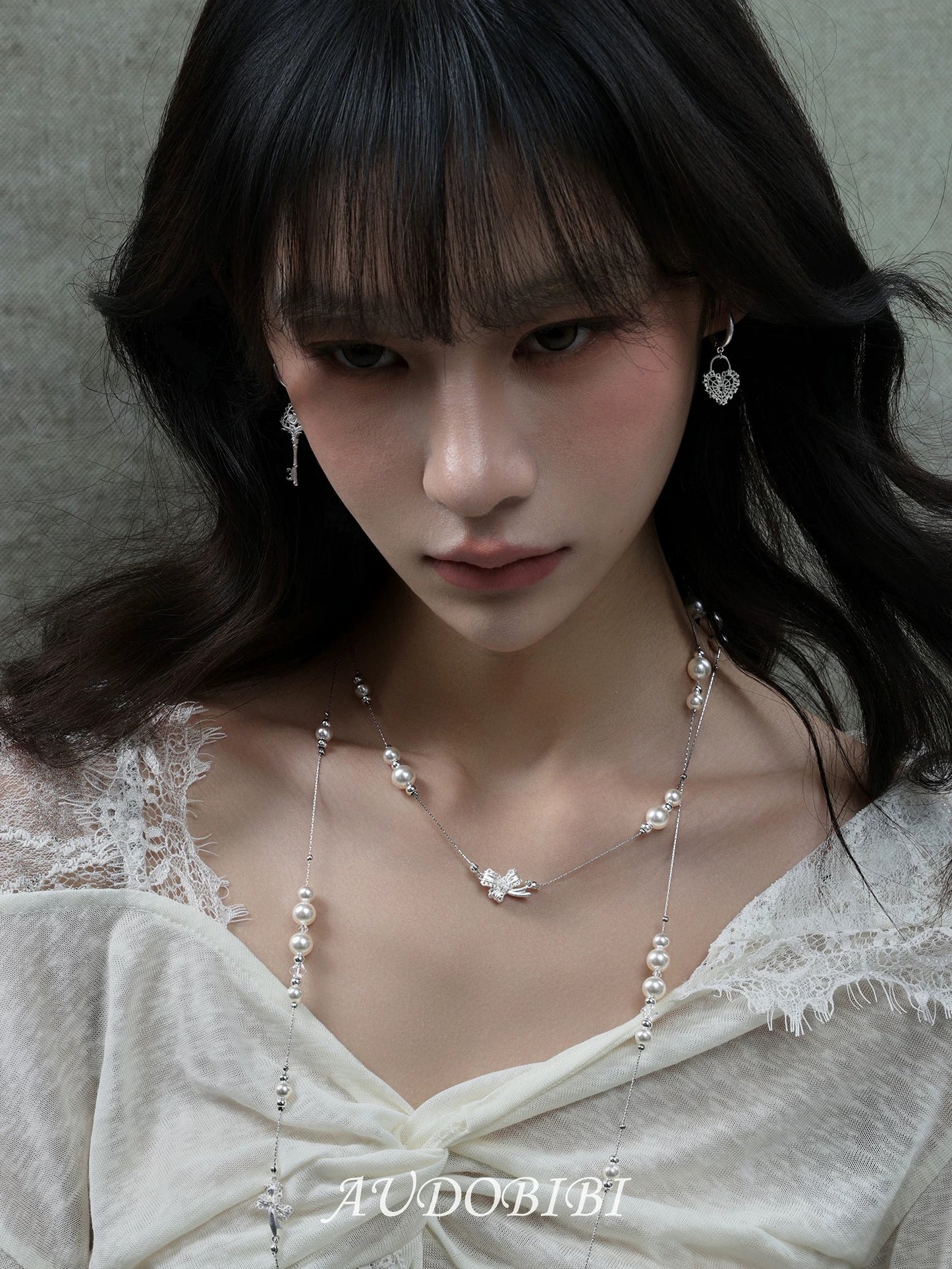 Dreaming in Lace 18K Platinum Platinum Heart Lock & Key Huggie Earrings