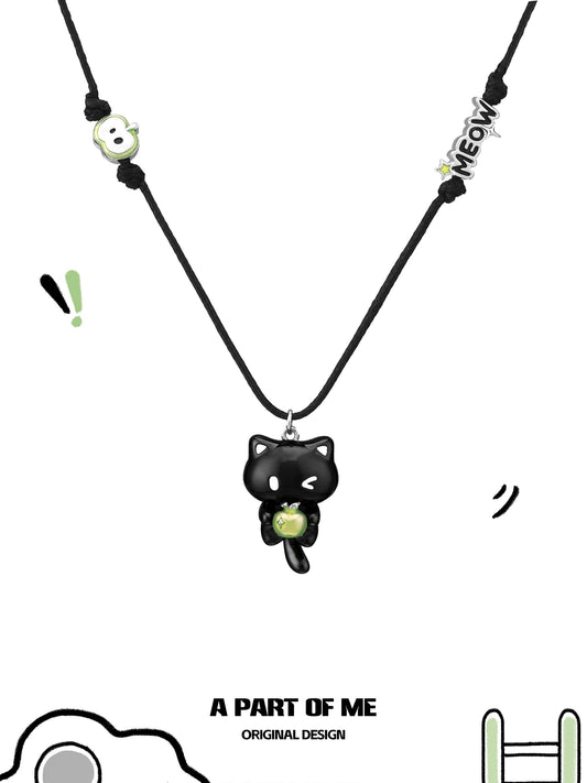Apple Cat Black Cord Resin Black Cat & Green Apple Pendant Necklace