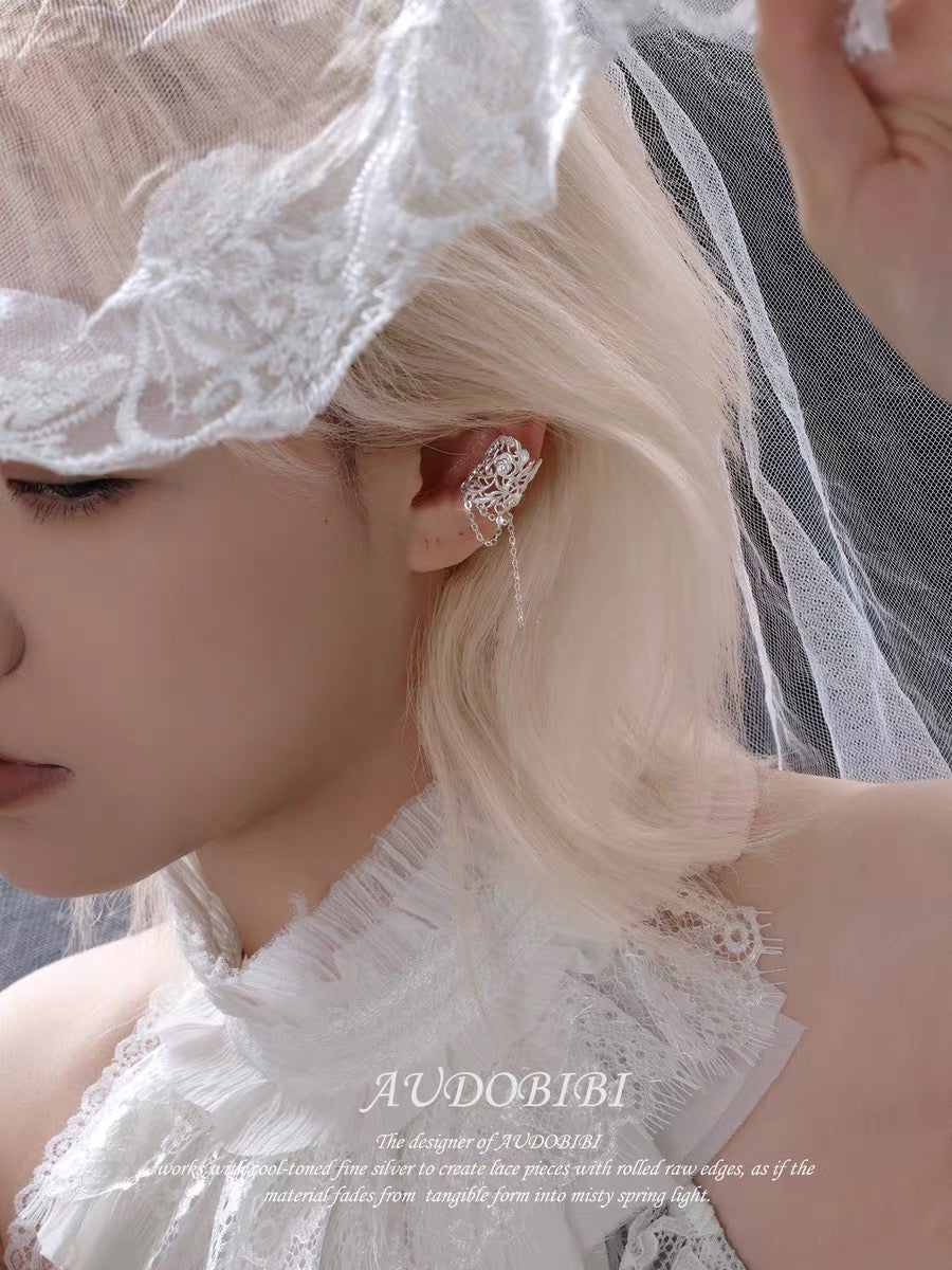 Dreaming in Lace Platinum Plating Rose Ear Cuffs with Tassel