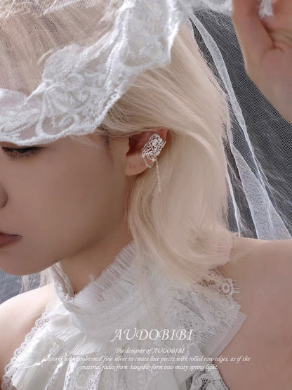 Dreaming in Lace Platinum Plating Rose Ear Cuffs with Tassel
