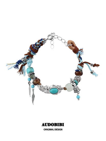 Plume Collection 18K Platinum Plating Hand-braided Cord Turquoise & Agate Bracelet