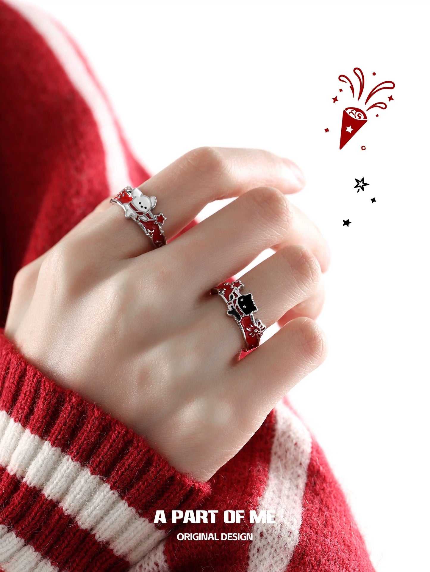 Happy New Year S925 Sterling Silver Black Cat & White Dog Couple Ring