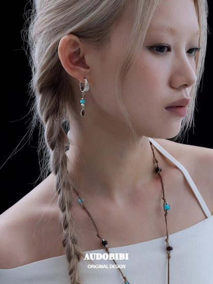 Plume Collection 18K Platinum Plating Turquoise & Tiger Eyes Stone Asymmetry Hoop Earrings