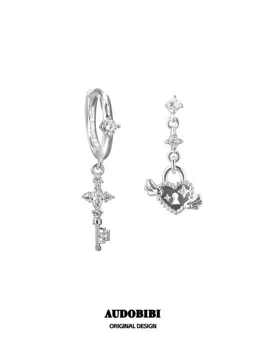 Judgement Angel S925 Sterling Silver Winged Heart Lock & Key Earring Set