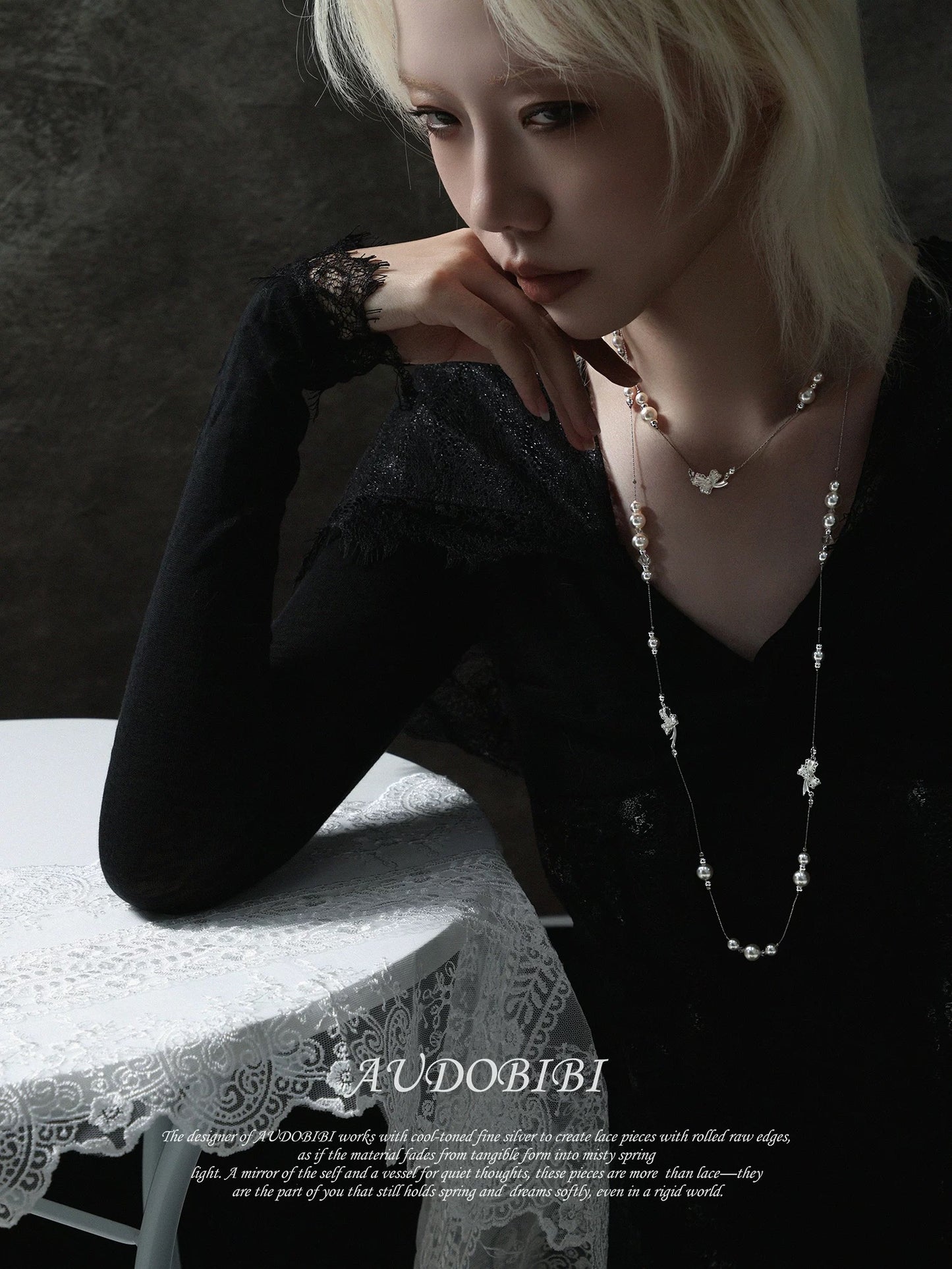 Dreaming in Lace 18K Platinum Plating Pearl & Ribbon Stacked Necklace