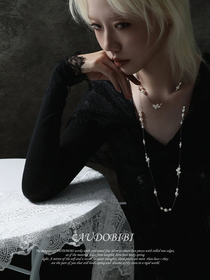 Dreaming in Lace 18K Platinum Plating Pearl & Ribbon Stacked Necklace