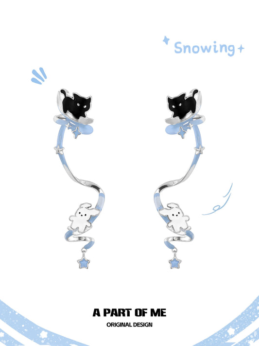 Skating in the Snow 18K Platinum Plating Black Cat & White Dog Detachable Earrings & Cuffs