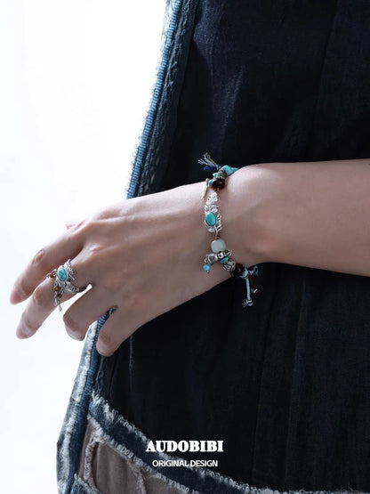 Plume Collection 18K Platinum Plating Hand-braided Cord Turquoise & Agate Bracelet