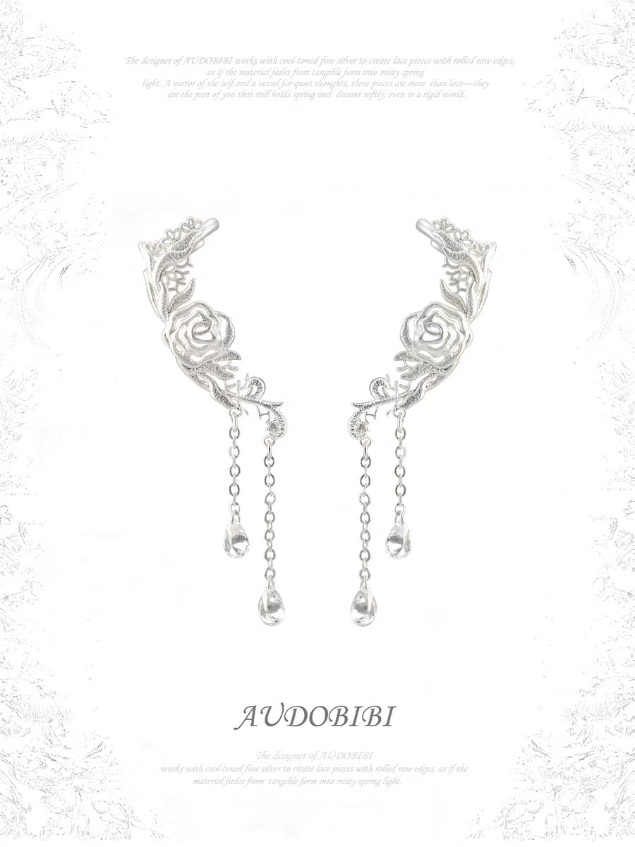 Dreaming in Lace Platinum Plating Rose Lobe Earrings with Earcuffs