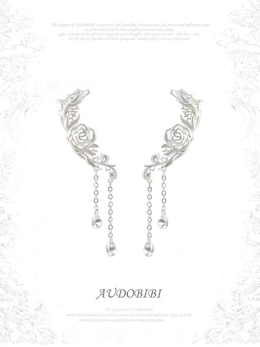 Dreaming in Lace Platinum Plating Rose Lobe Earrings with Earcuffs