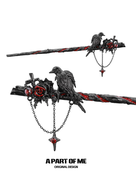 Crow Collection (Sylus's Version) 18K Black Gold Plated Crow & Rose Hairpin