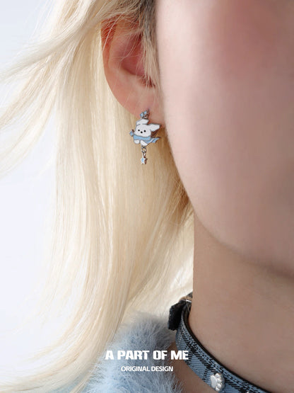 Snowy Black Cat & White Dog 18K Platinum Plating Huggies Earrings