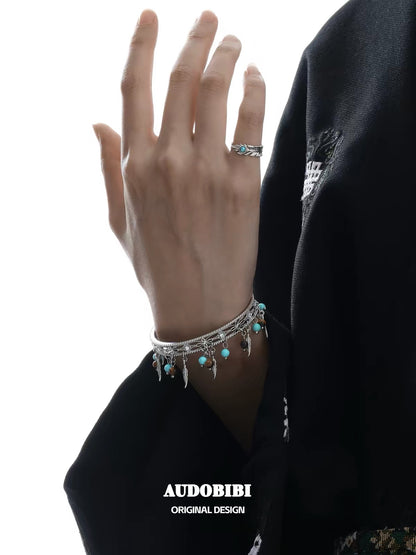 Plume Collection S925 Sterling Silver Turquoise Feather Pinky Ring