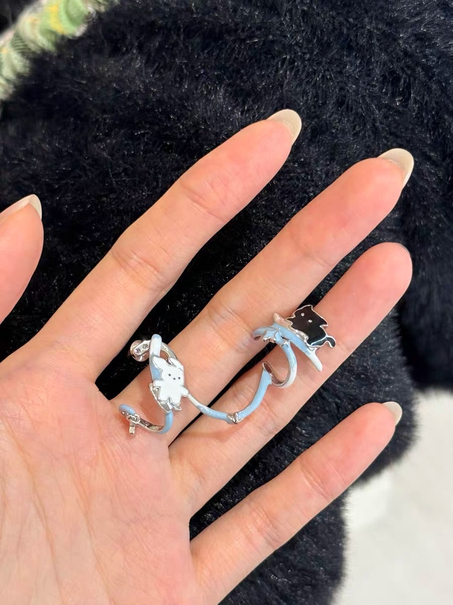 Skating in the Snow 18K Platinum Plating Black Cat & White Dog Detachable Earrings & Cuffs