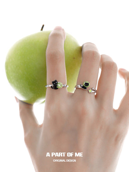 Apple Cat S925 Sterling Silver Black Cat & Green Apple Adjustable Rings