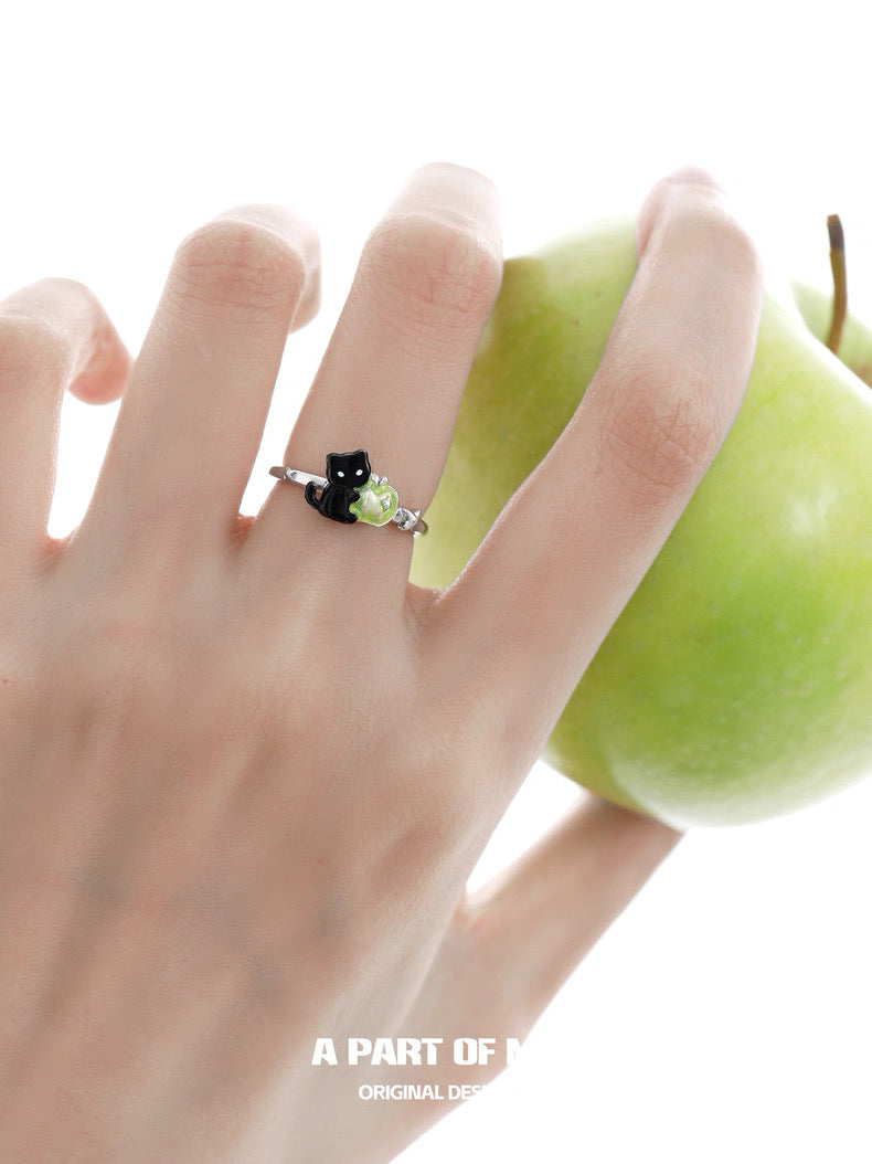 Apple Cat S925 Sterling Silver Black Cat & Green Apple Adjustable Rings