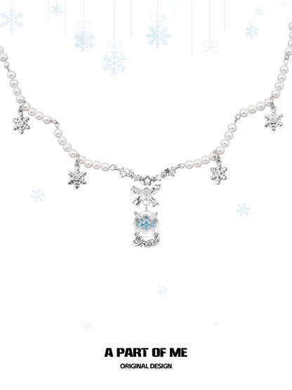 Snowflakes & Pearl 18K Platinum Plating Crystal Ball Necklace
