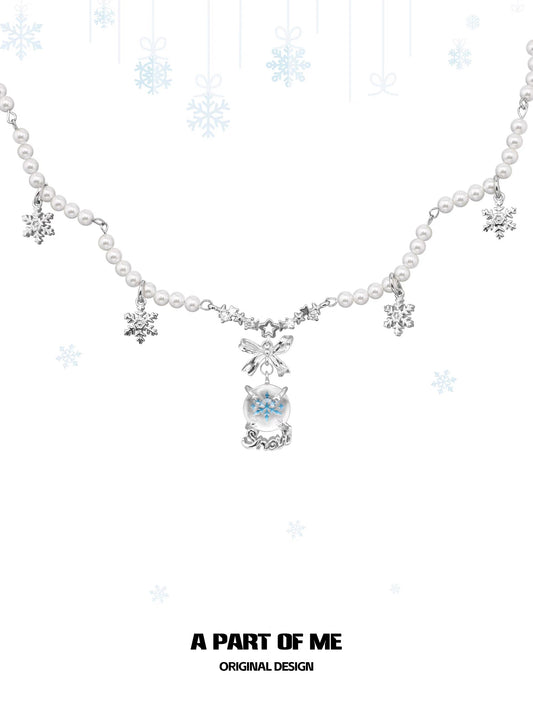 Snowflakes & Pearl 18K Platinum Plating Crystal Ball Necklace