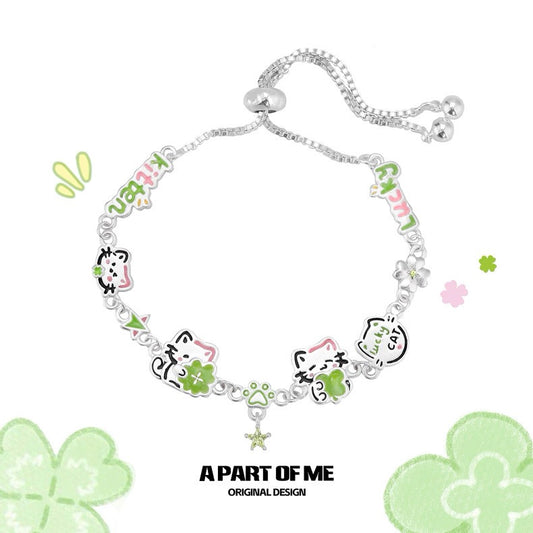The Lucky Clover Lucky Kitten & Puppy 18K Platinum Plating Slider Bracelet