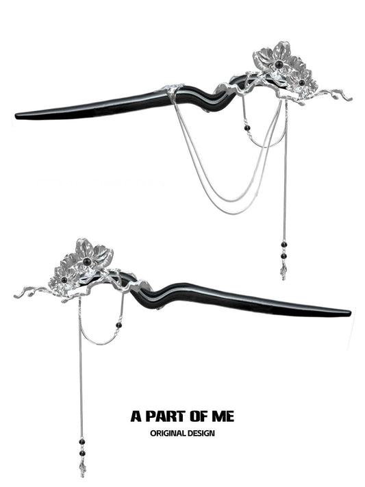 Black Orchid 18K Platinum Platinum Detachable Tassel Faux Wood Hairpin