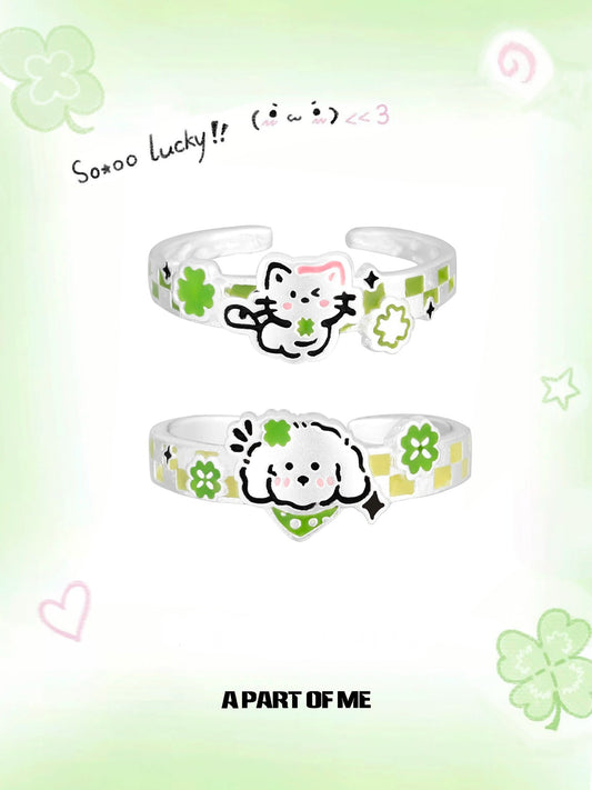 The Lucky Clover Kitten & Puppy S925 Sterling Silver Couple Rings