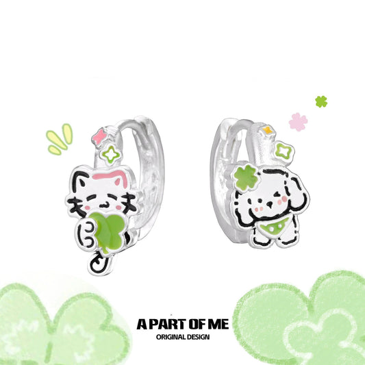 The Lucky Clover Kitten & Puppy 18K Platinum Plating Huggies Earrings