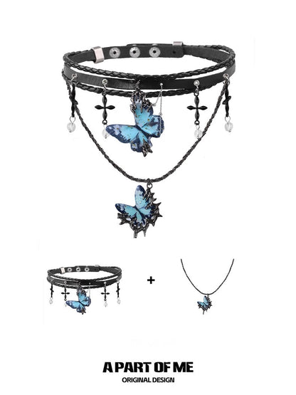 Multi Layer Dark Cross Leather Choker & Butterfly Pendant Necklace