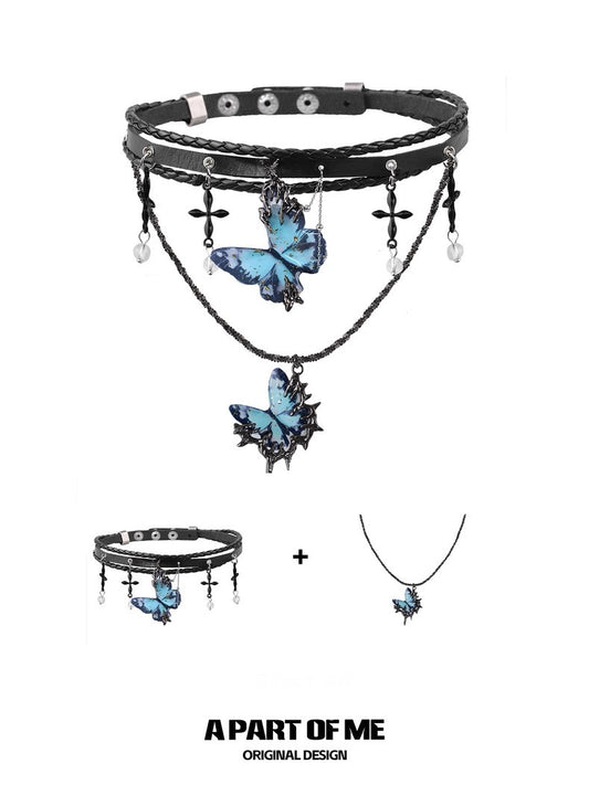 Multi Layer Dark Cross Leather Choker & Butterfly Pendant Necklace