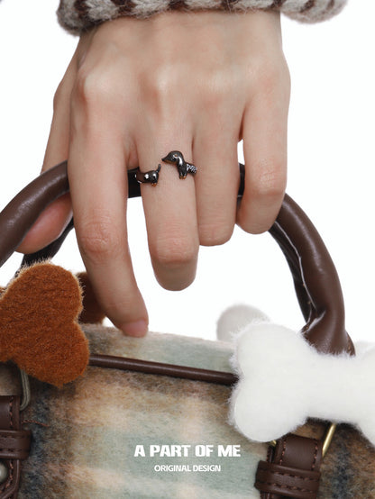 Lucky Dachshund S925 Sterling Silver Resin Coating Adjustable Ring