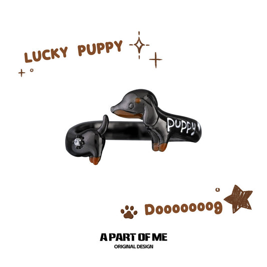 Lucky Dachshund S925 Sterling Silver Resin Coating Adjustable Ring