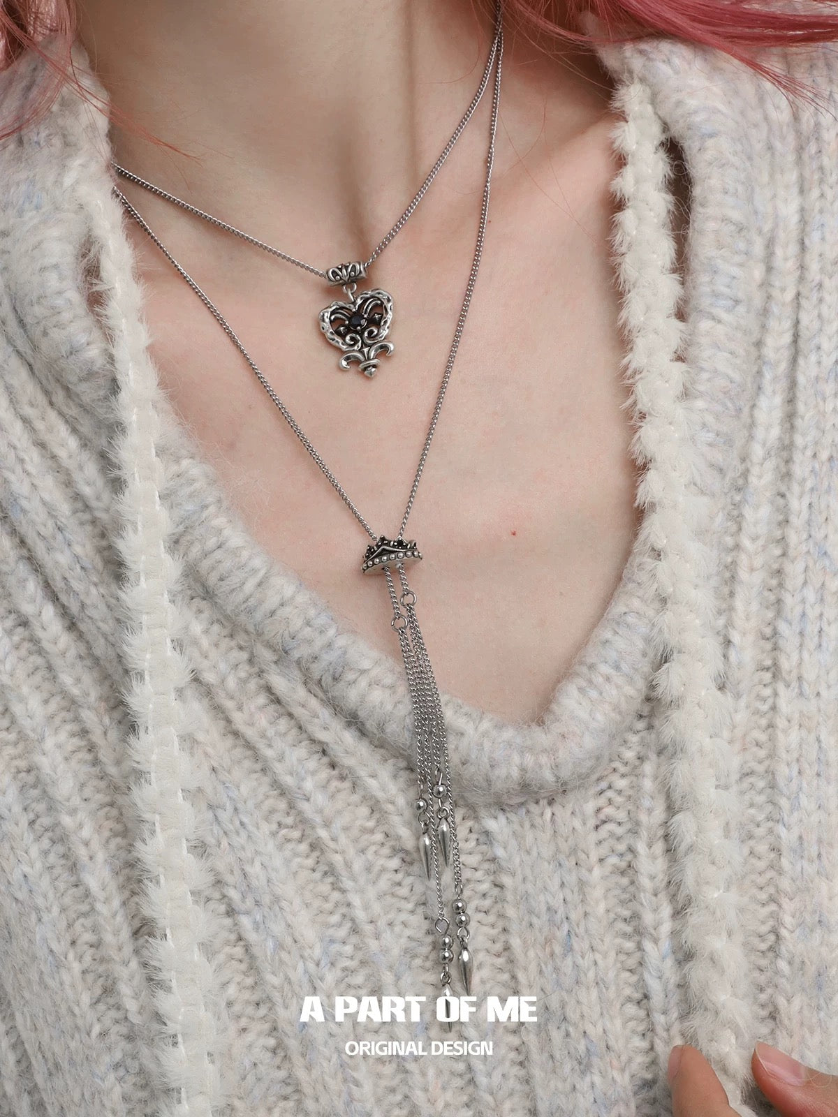Retro Heart 18K Platinum Plating Double Layer Pull-out Sweater Necklace