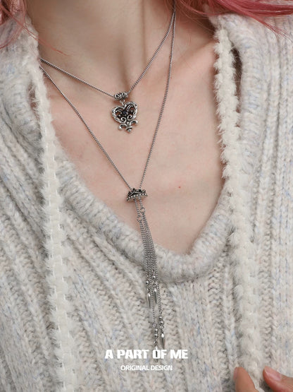 Retro Heart 18K Platinum Plating Double Layer Pull-out Sweater Necklace
