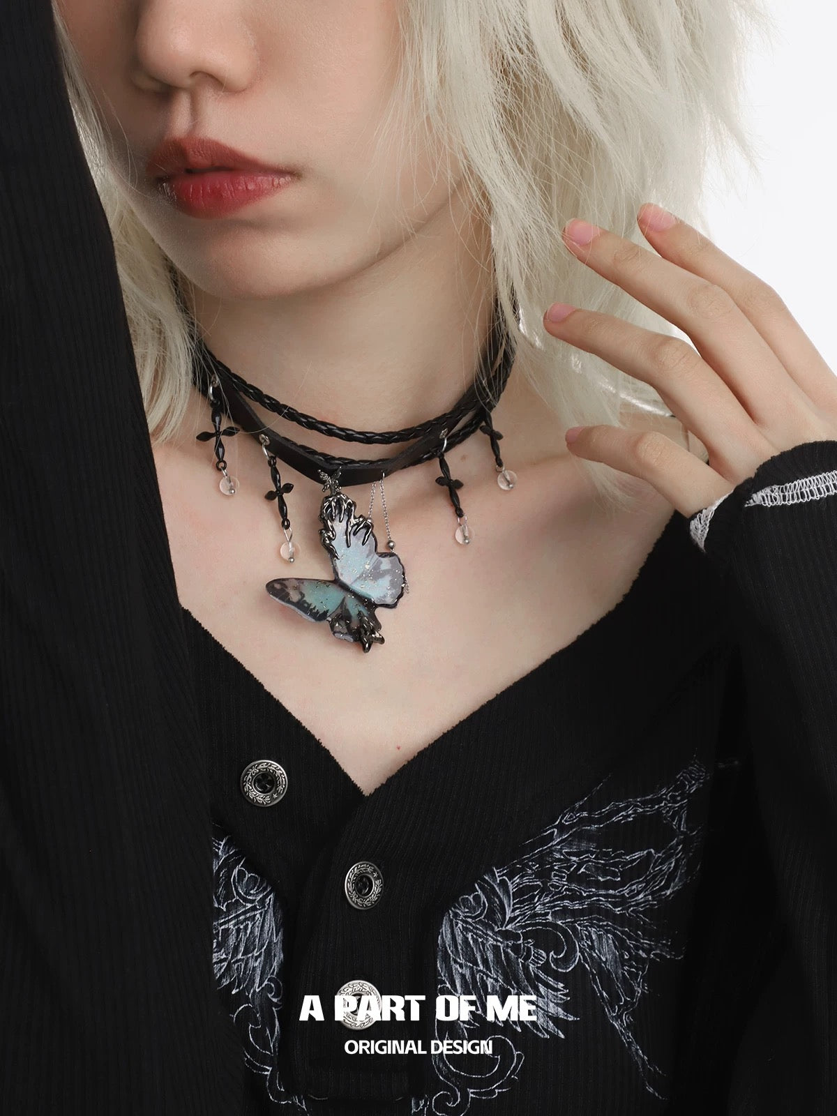 Multi Layer Dark Cross Leather Choker & Butterfly Pendant Necklace