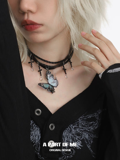 Multi Layer Dark Cross Leather Choker & Butterfly Pendant Necklace