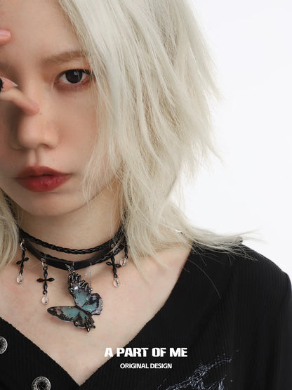Multi Layer Dark Cross Leather Choker & Butterfly Pendant Necklace