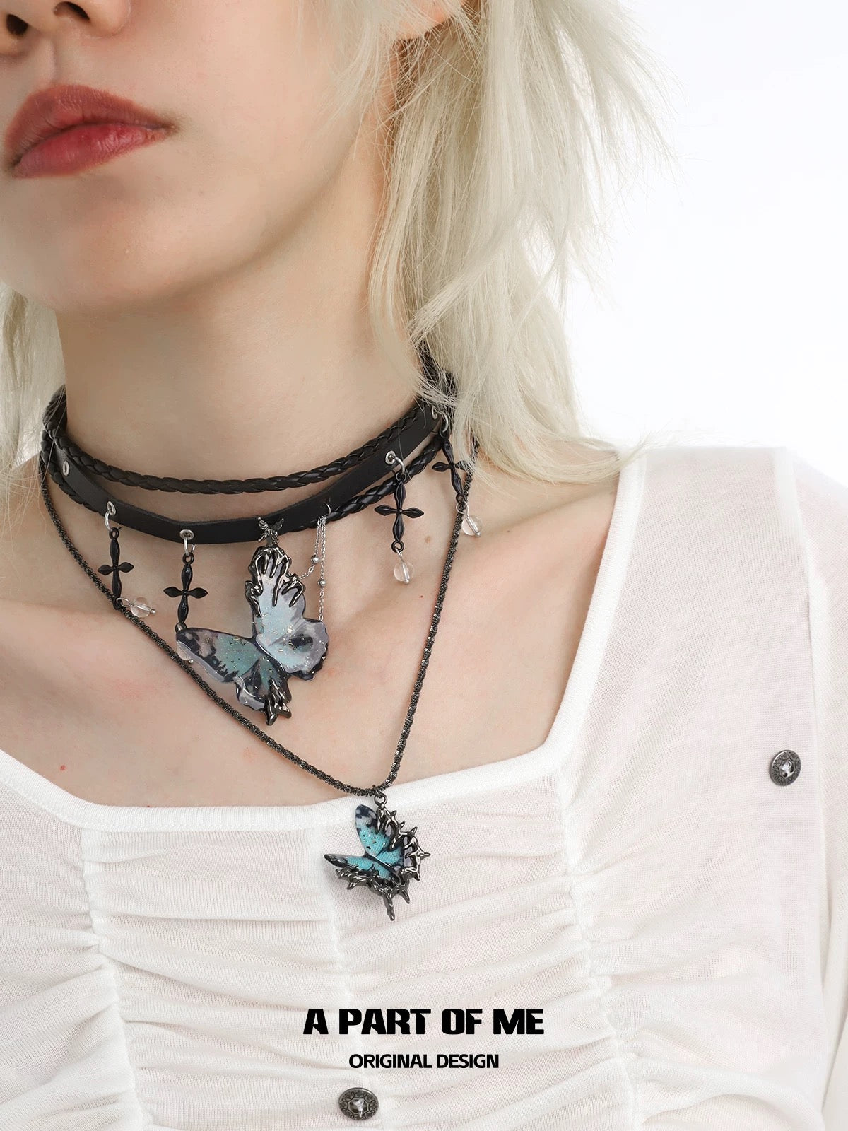 Multi Layer Dark Cross Leather Choker & Butterfly Pendant Necklace